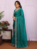Stunning Teal Green Zari Embroidery Chiffon Event Wear Saree With Blouse