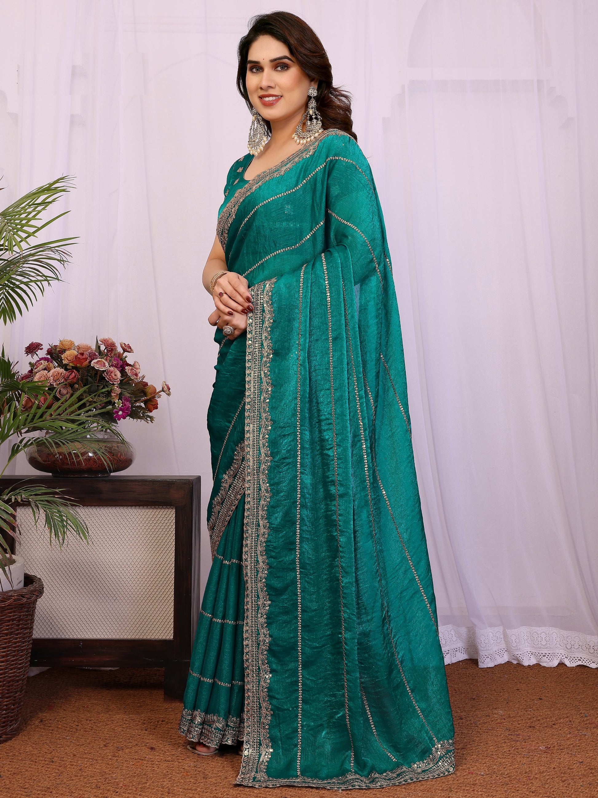 Stunning Teal Green Zari Embroidery Chiffon Event Wear Saree With Blouse