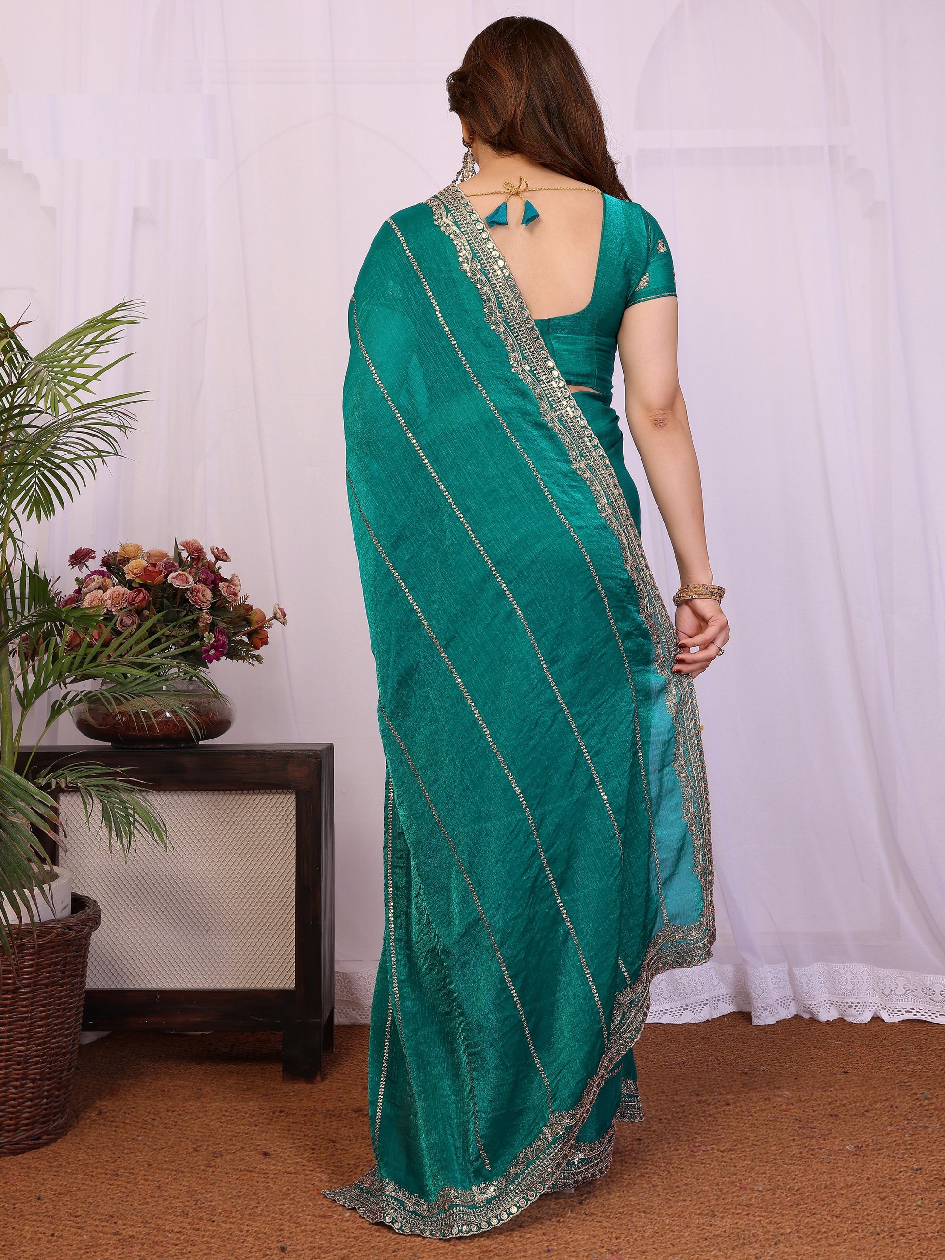 Stunning Teal Green Zari Embroidery Chiffon Event Wear Saree With Blouse