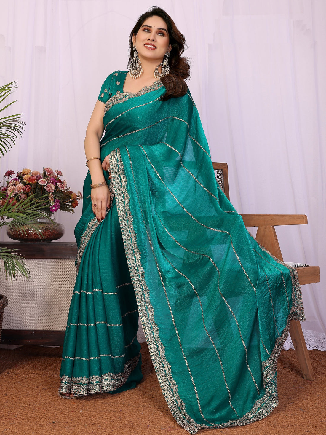 Stunning Teal Green Zari Embroidery Chiffon Event Wear Saree With Blouse
