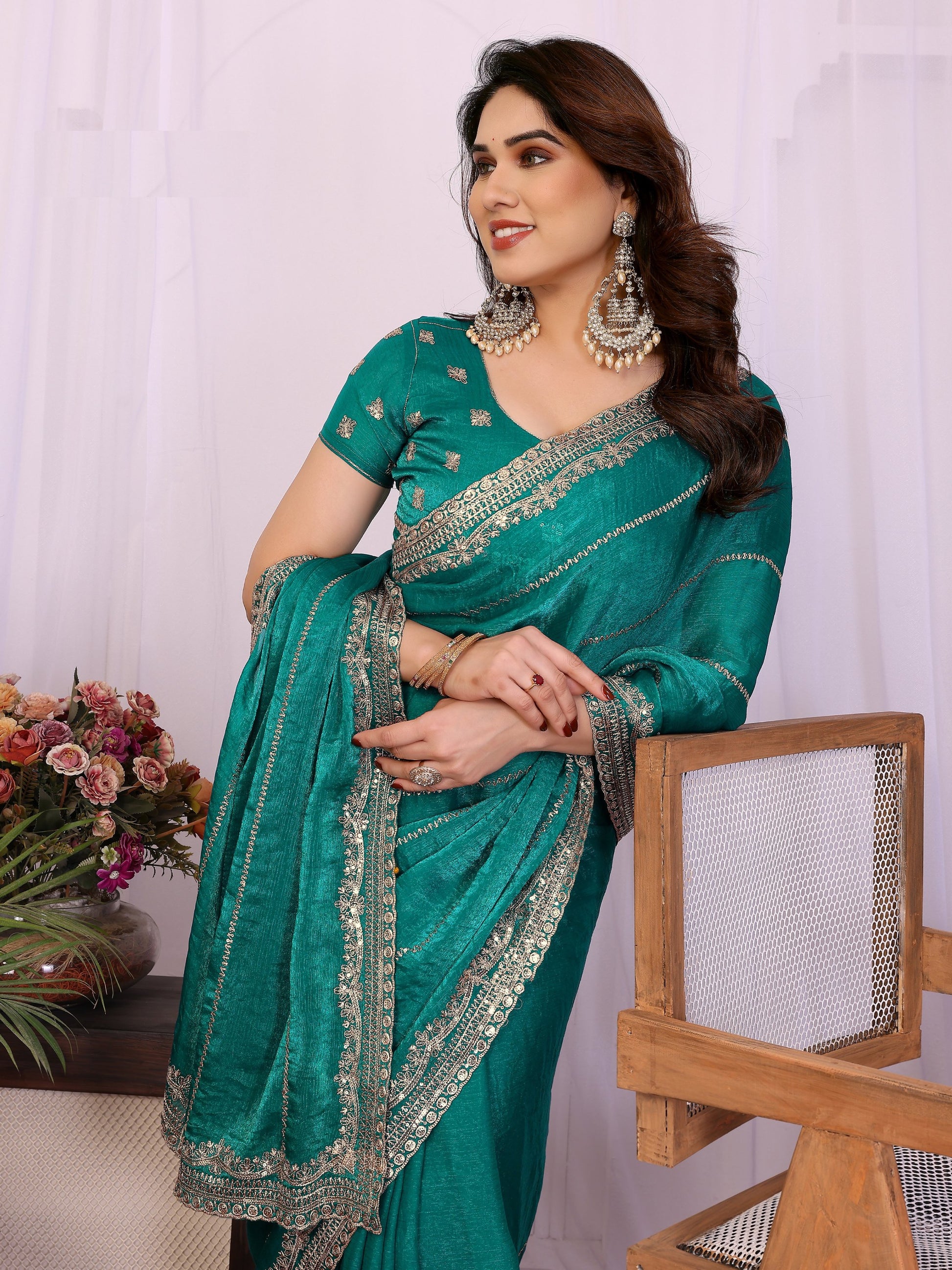 Stunning Teal Green Zari Embroidery Chiffon Event Wear Saree With Blouse