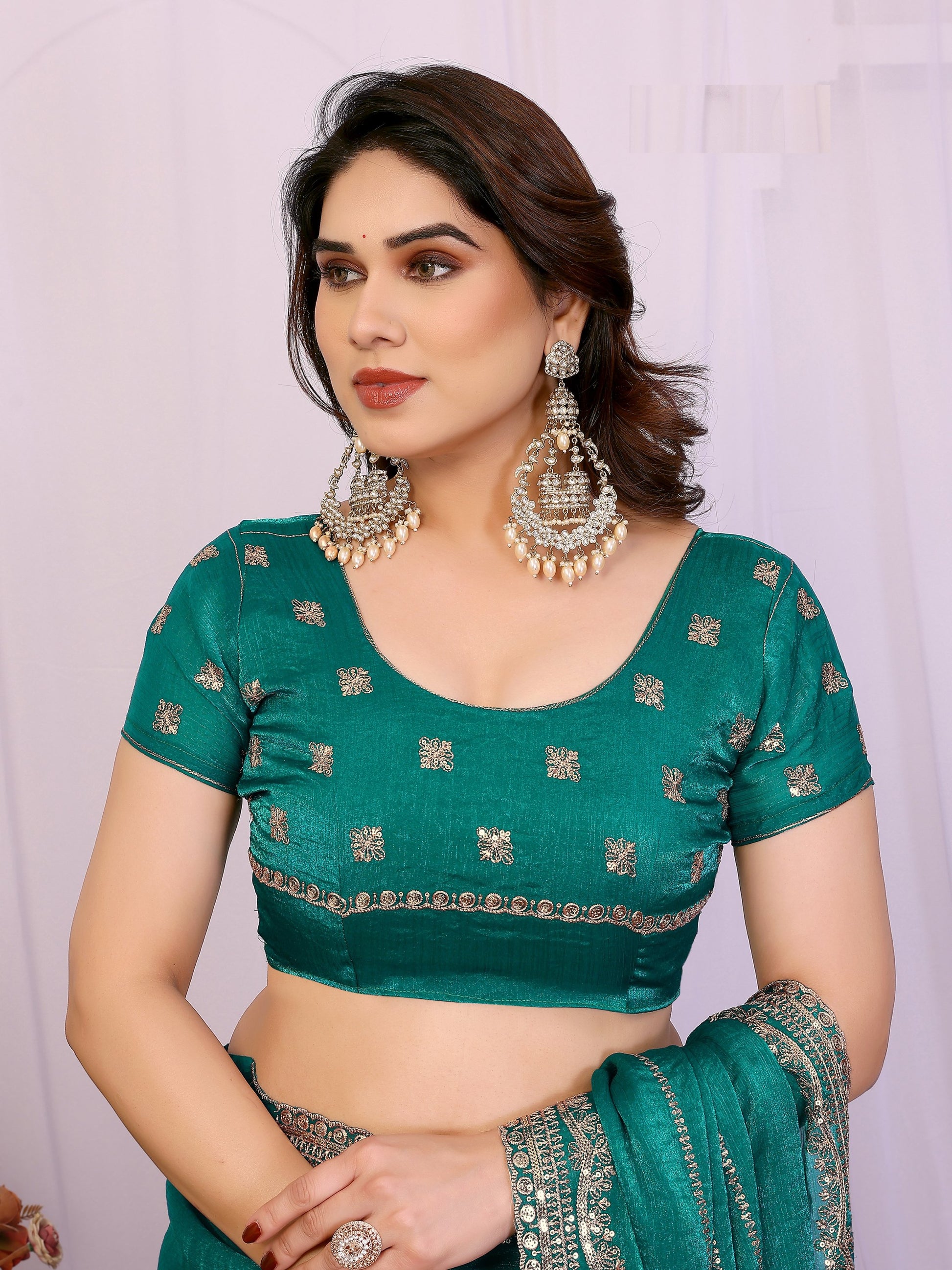 Stunning Teal Green Zari Embroidery Chiffon Event Wear Saree With Blouse
