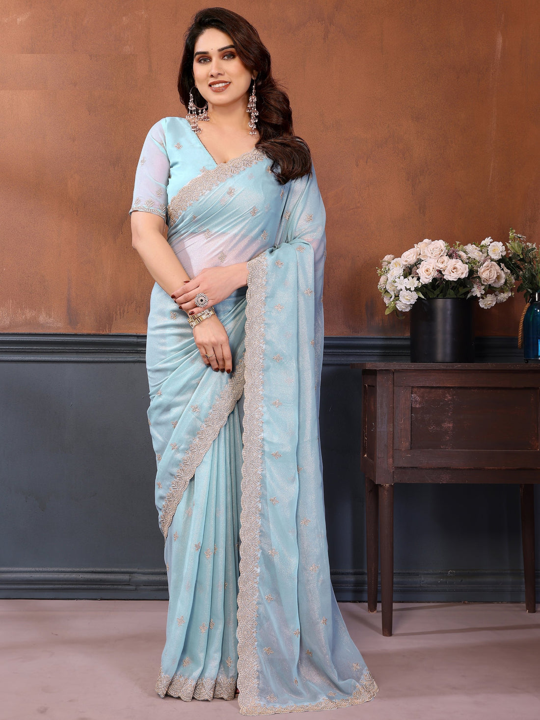 Enchanting Sky Blue Embroidered Georgette Traditional Saree With Blouse