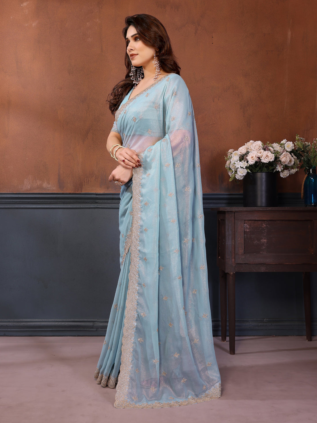 Enchanting Sky Blue Embroidered Georgette Traditional Saree With Blouse