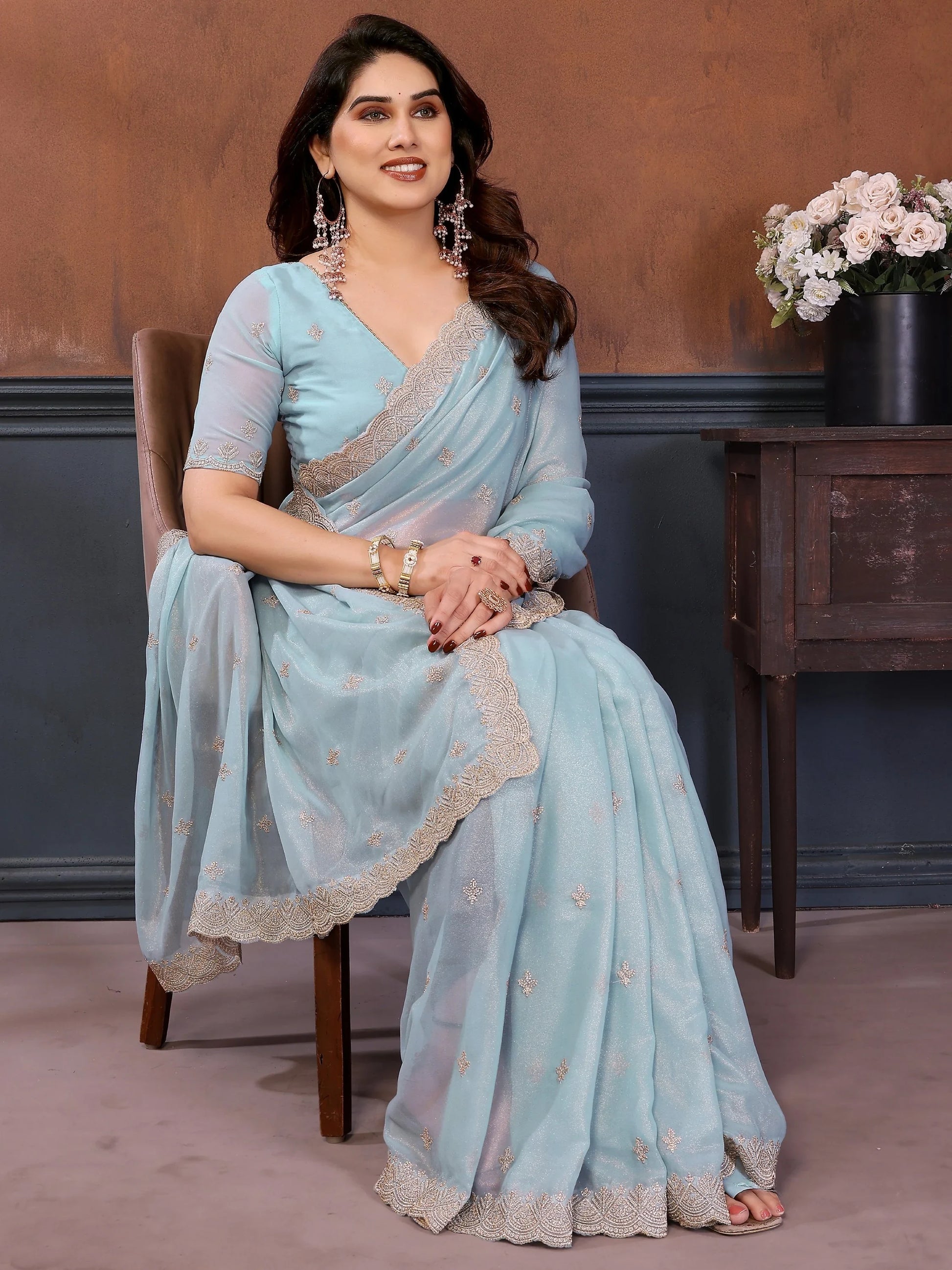 Enchanting Sky Blue Embroidered Georgette Traditional Saree With Blouse