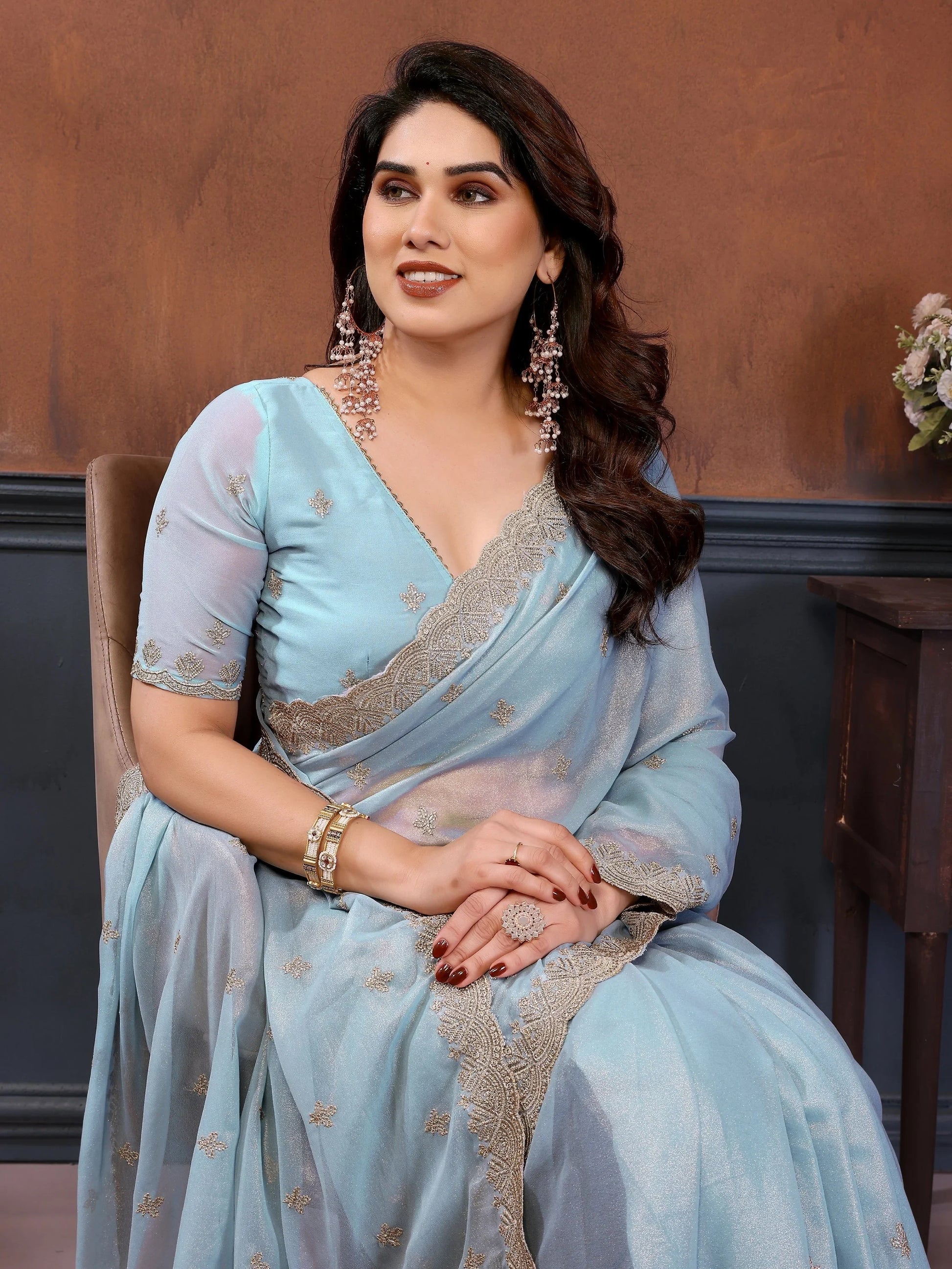 Enchanting Sky Blue Embroidered Georgette Traditional Saree With Blouse