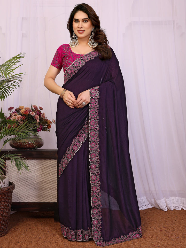 Adorable Purple Border Work Silk Marriage Wear Saree With Blouse
