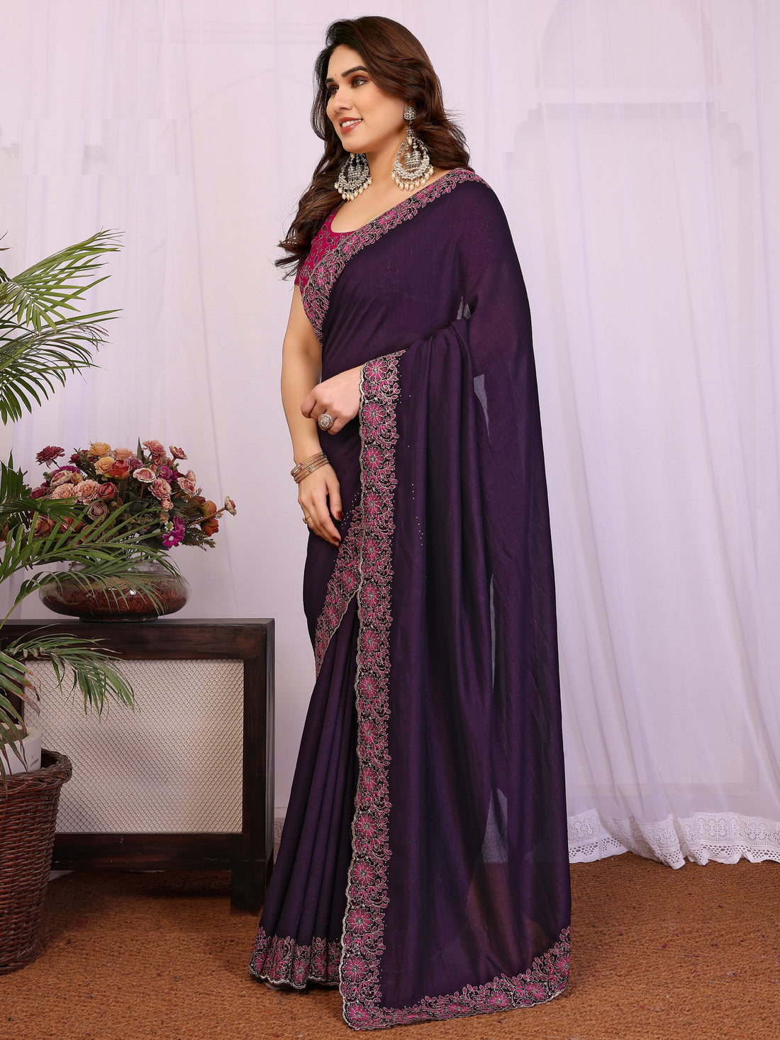 Adorable Purple Border Work Silk Marriage Wear Saree With Blouse