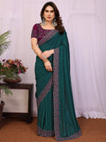 Attractive Teal Green Border Work Silk Evening Wear Saree With Blouse