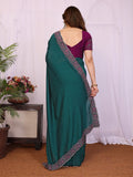 Attractive Teal Green Border Work Silk Evening Wear Saree With Blouse