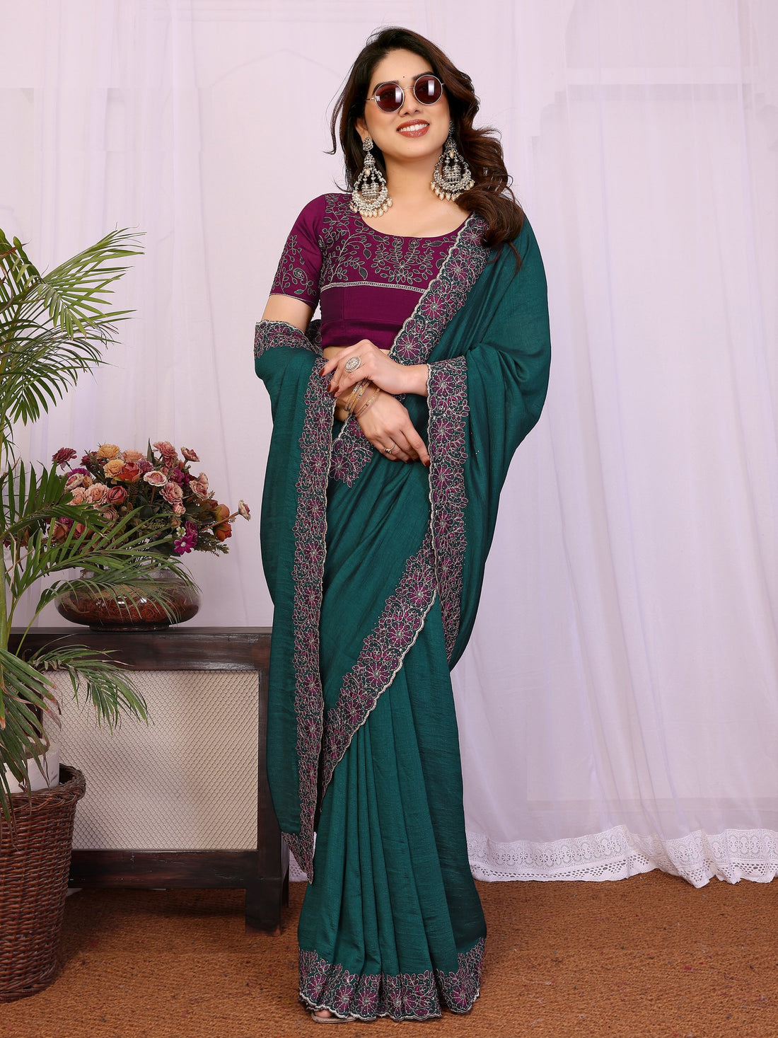 Attractive Teal Green Border Work Silk Evening Wear Saree With Blouse