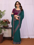 Attractive Teal Green Border Work Silk Evening Wear Saree With Blouse