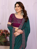 Attractive Teal Green Border Work Silk Evening Wear Saree With Blouse