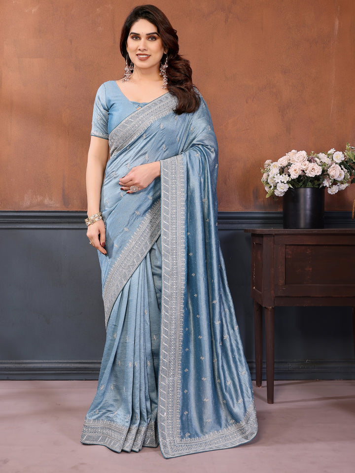 Lavish Dusty Blue Zari Embroidered Silk Engagement Wear Saree With Blouse