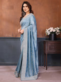 Lavish Dusty Blue Zari Embroidered Silk Engagement Wear Saree With Blouse