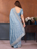 Lavish Dusty Blue Zari Embroidered Silk Engagement Wear Saree With Blouse