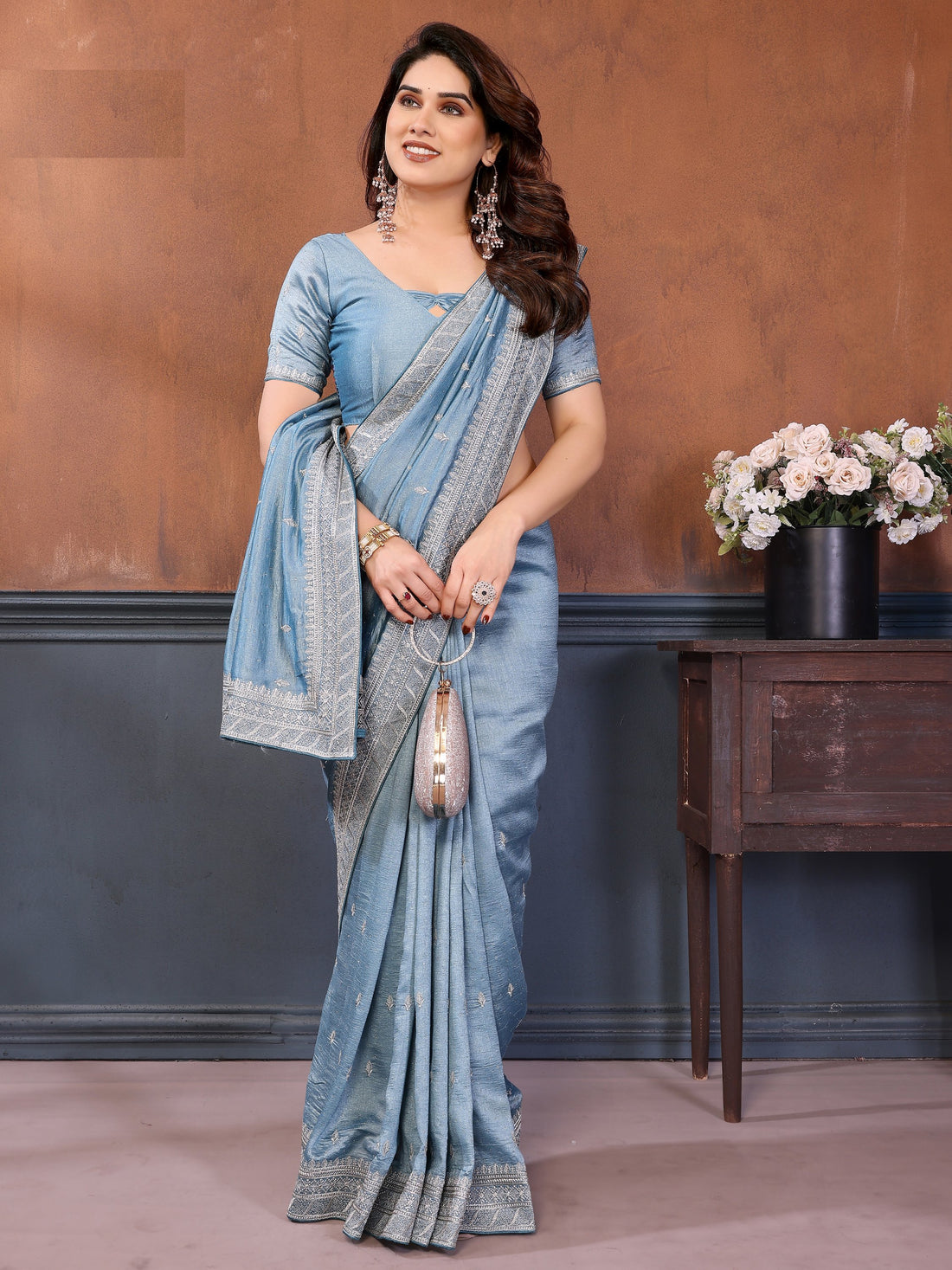 Lavish Dusty Blue Zari Embroidered Silk Engagement Wear Saree With Blouse