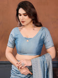 Lavish Dusty Blue Zari Embroidered Silk Engagement Wear Saree With Blouse