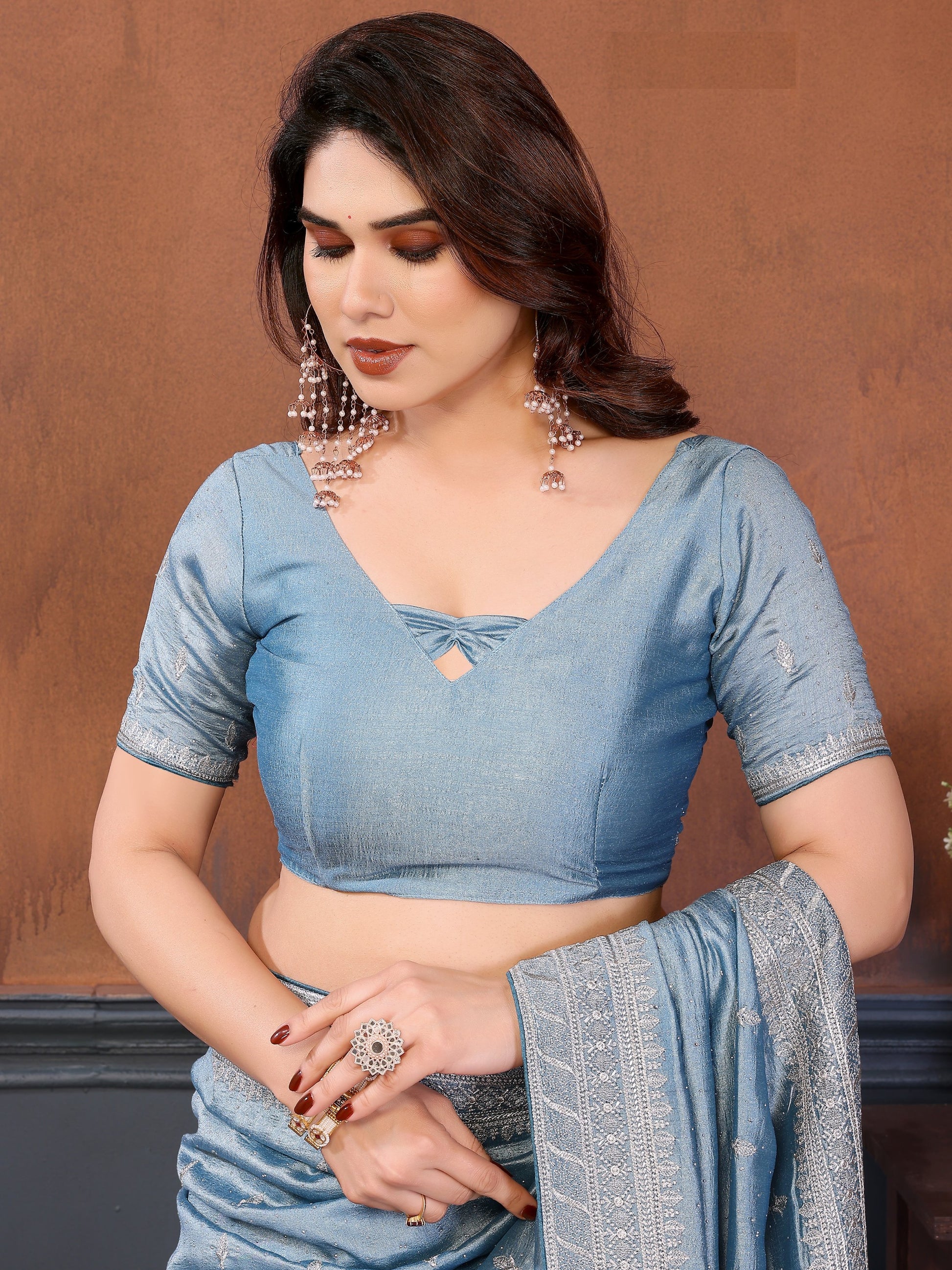 Lavish Dusty Blue Zari Embroidered Silk Engagement Wear Saree With Blouse
