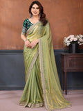 Aesthetic Pista Green Border Work Satin Mehendi Wear Saree With Blouse