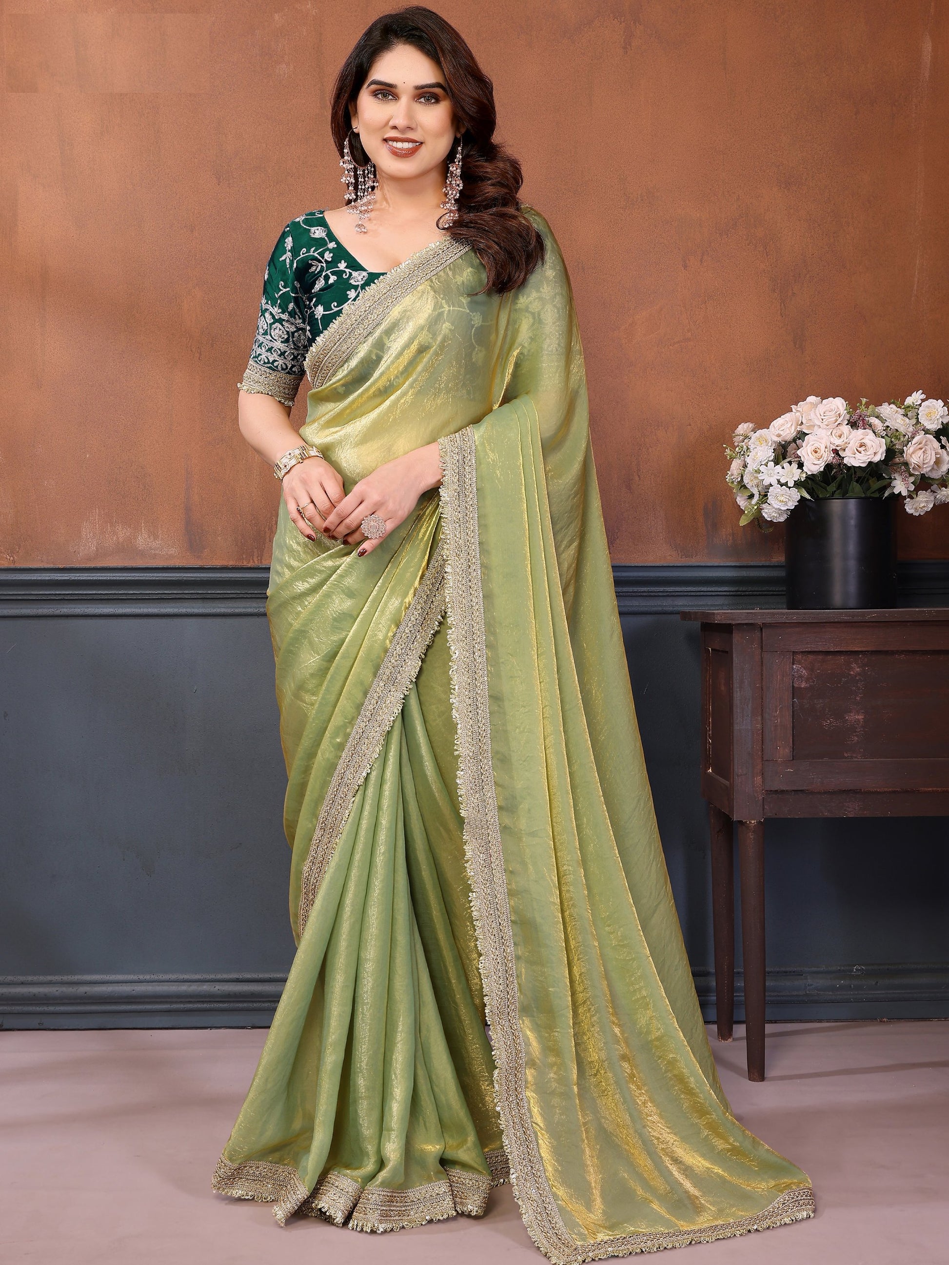 Aesthetic Pista Green Border Work Satin Mehendi Wear Saree With Blouse