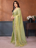Aesthetic Pista Green Border Work Satin Mehendi Wear Saree With Blouse