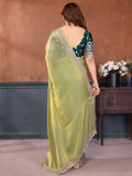 Aesthetic Pista Green Border Work Satin Mehendi Wear Saree With Blouse