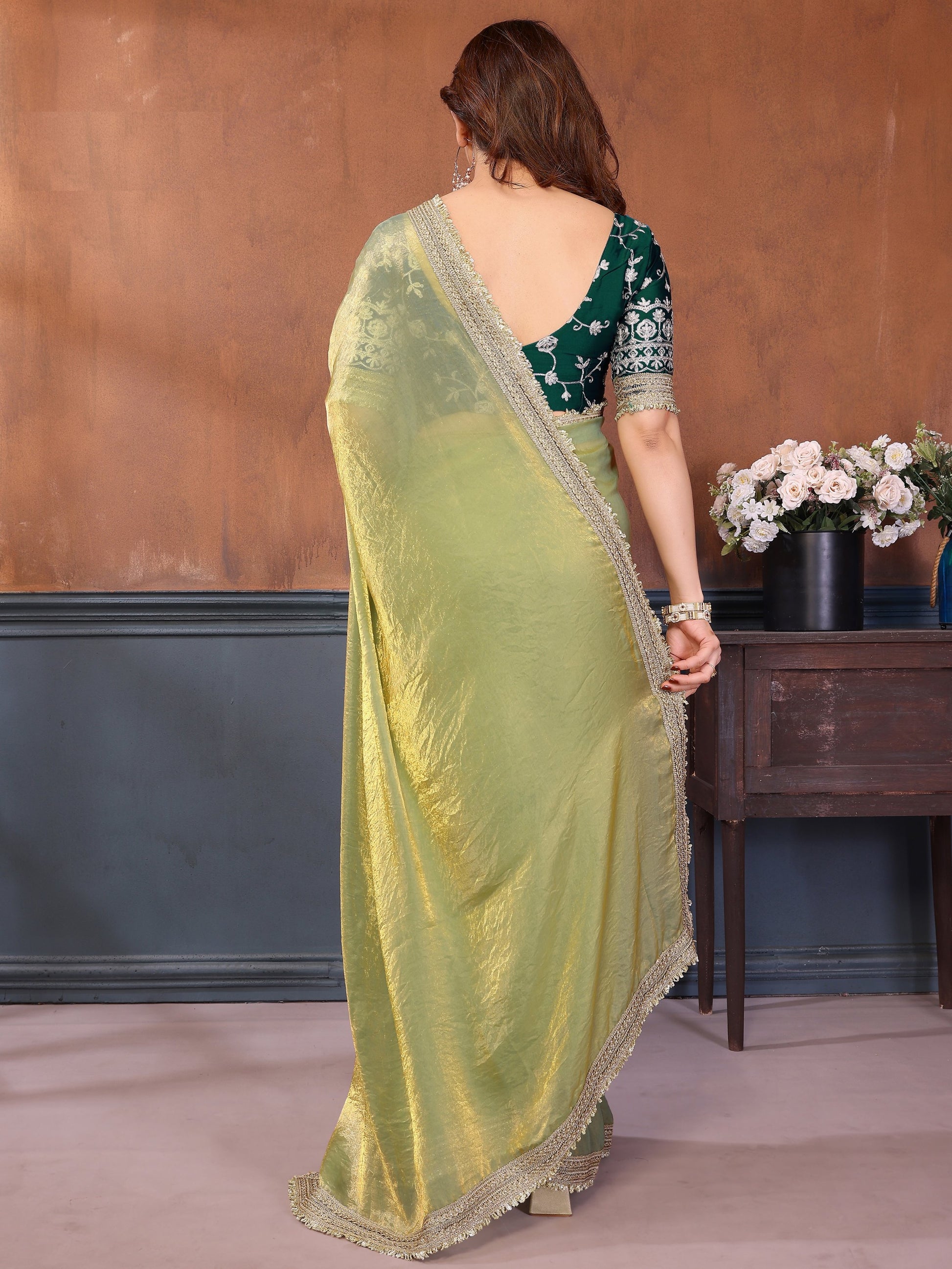 Aesthetic Pista Green Border Work Satin Mehendi Wear Saree With Blouse