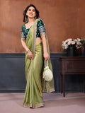 Aesthetic Pista Green Border Work Satin Mehendi Wear Saree With Blouse