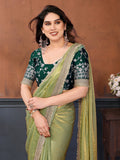 Aesthetic Pista Green Border Work Satin Mehendi Wear Saree With Blouse