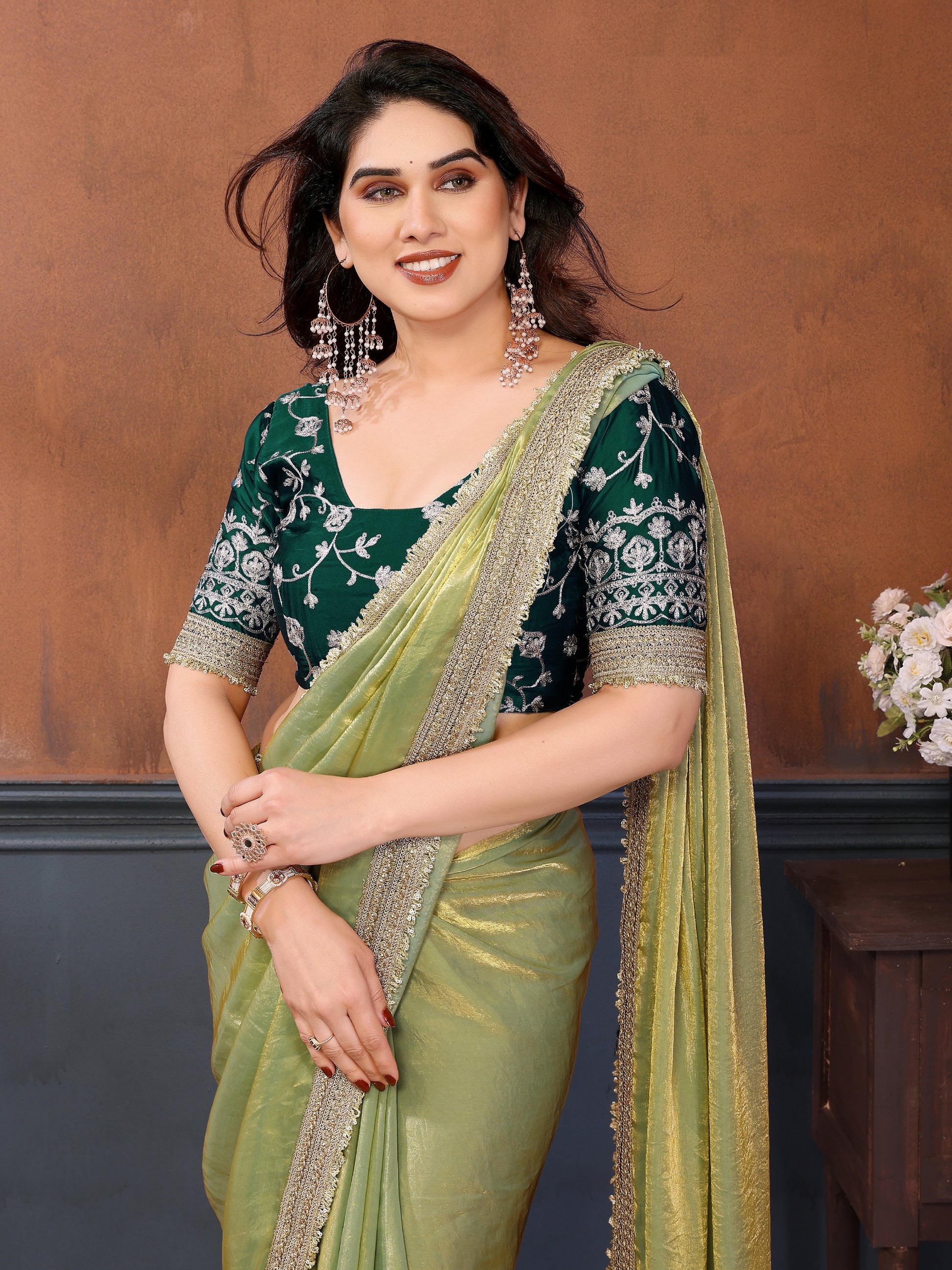 Aesthetic Pista Green Border Work Satin Mehendi Wear Saree With Blouse