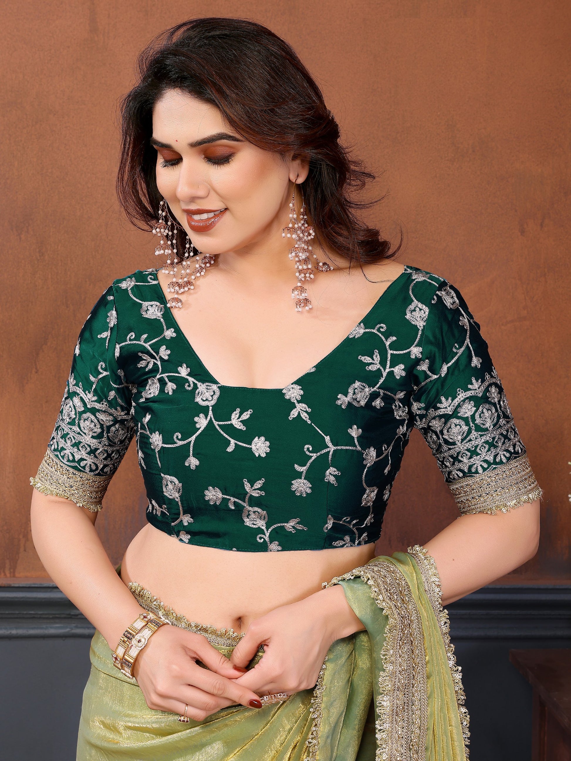 Aesthetic Pista Green Border Work Satin Mehendi Wear Saree With Blouse