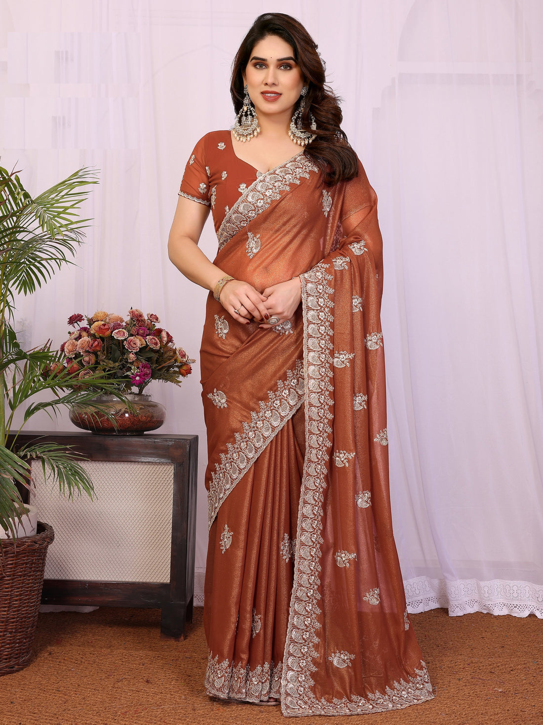 Fantastic Brown Zari Embroidery Georgette Festive Wear Saree With Blouse