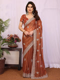 Fantastic Brown Zari Embroidery Georgette Festive Wear Saree With Blouse