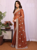 Fantastic Brown Zari Embroidery Georgette Festive Wear Saree With Blouse
