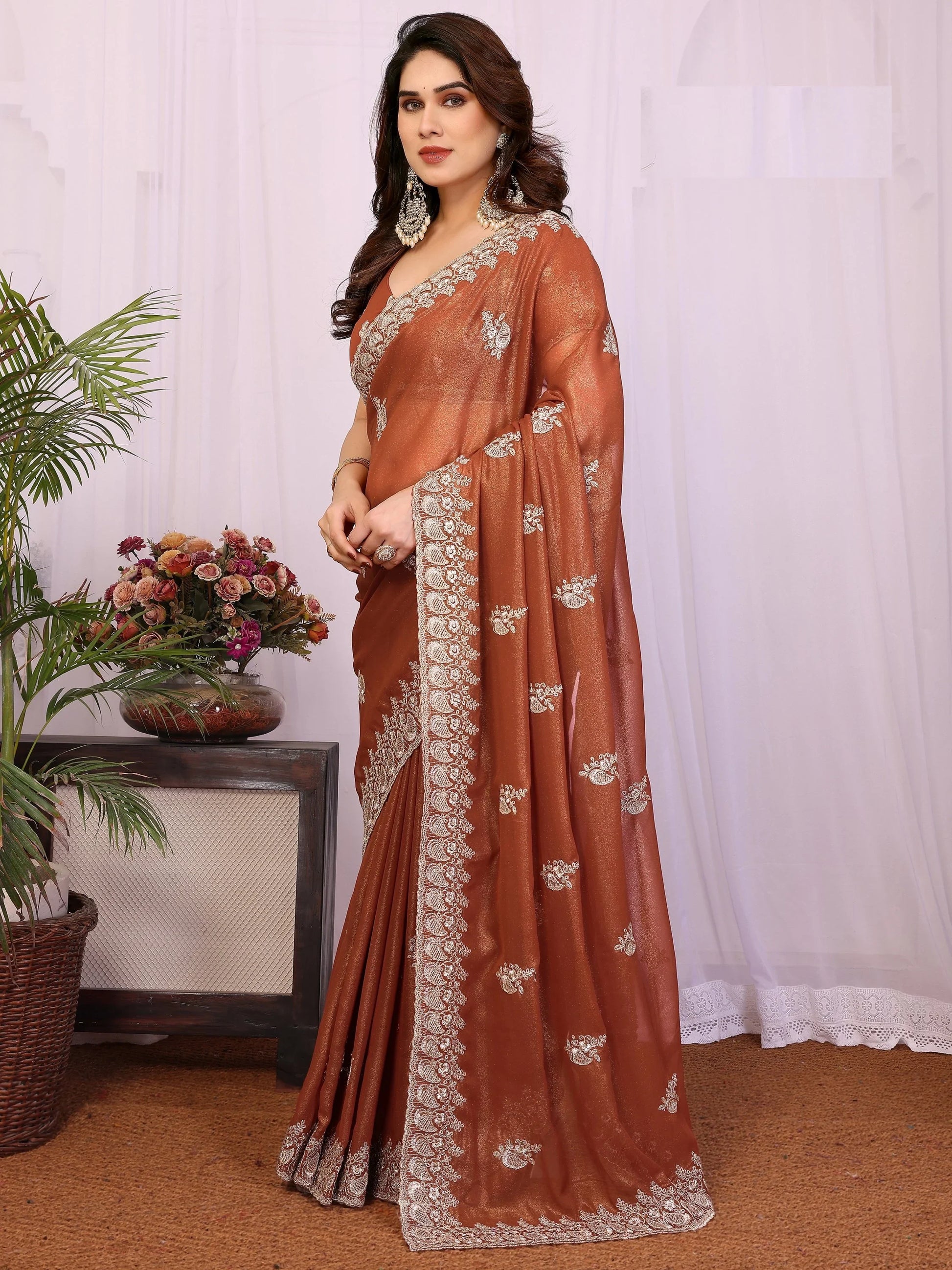 Fantastic Brown Zari Embroidery Georgette Festive Wear Saree With Blouse