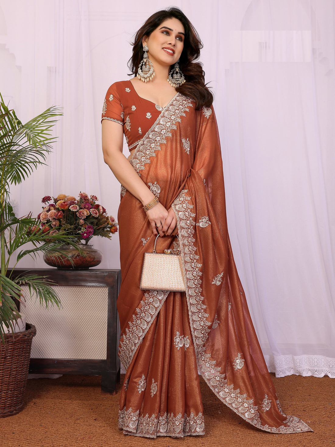 Fantastic Brown Zari Embroidery Georgette Festive Wear Saree With Blouse
