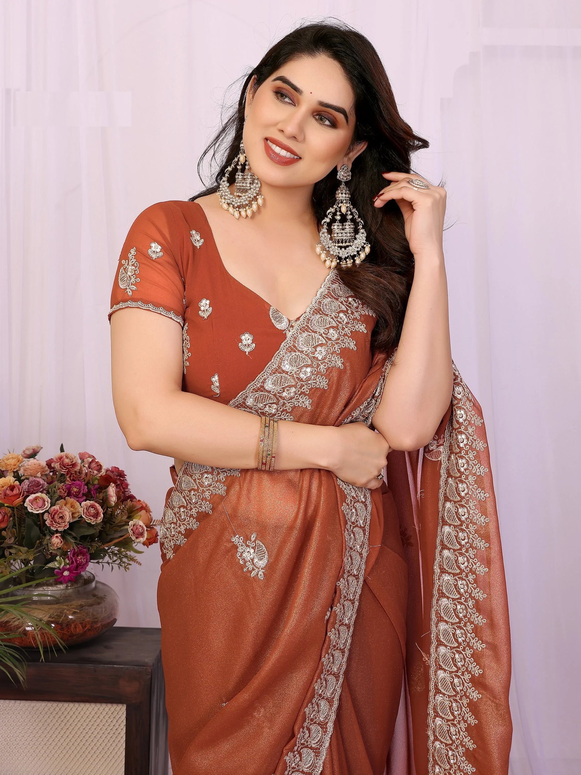 Fantastic Brown Zari Embroidery Georgette Festive Wear Saree With Blouse
