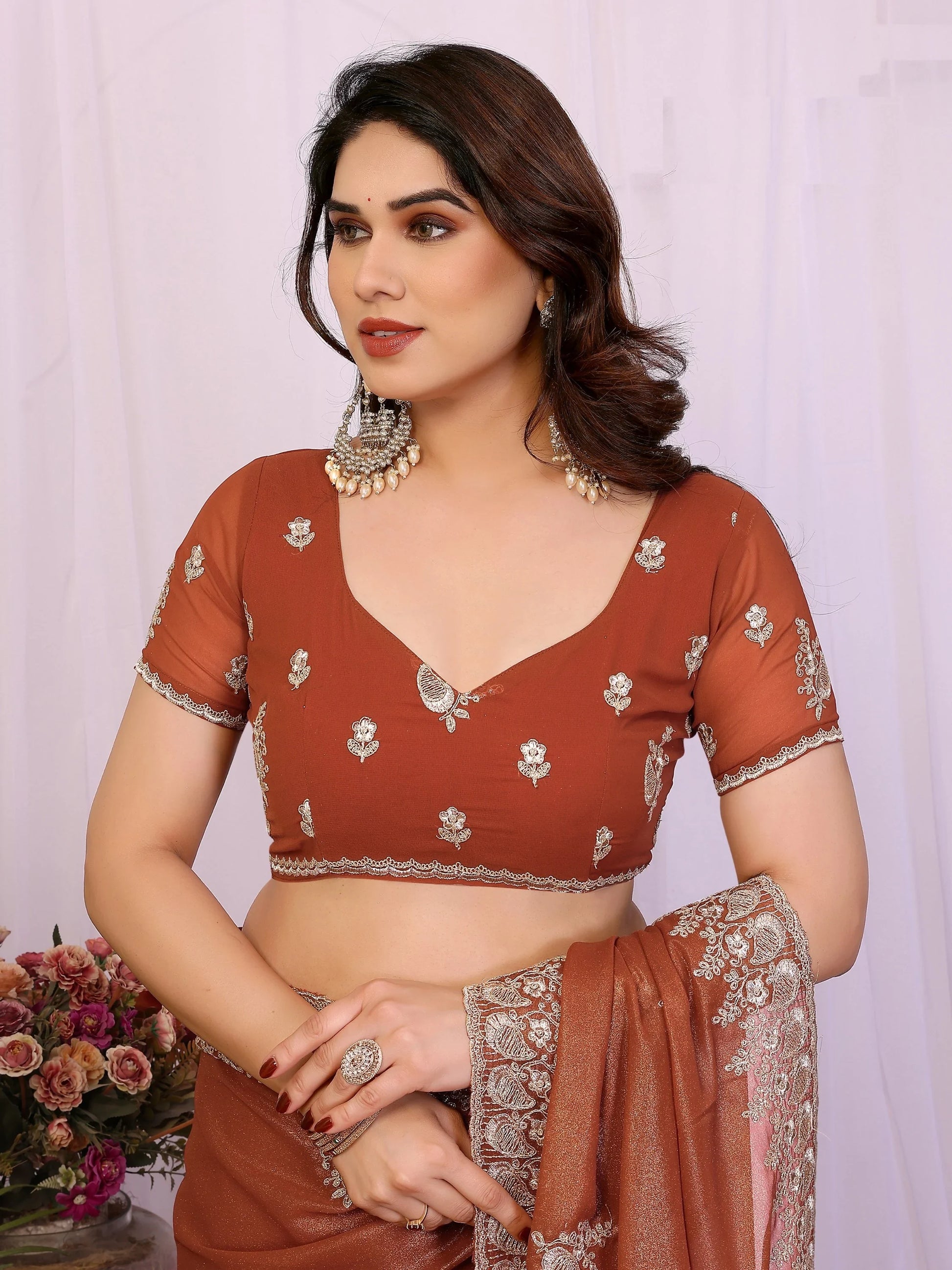 Fantastic Brown Zari Embroidery Georgette Festive Wear Saree With Blouse