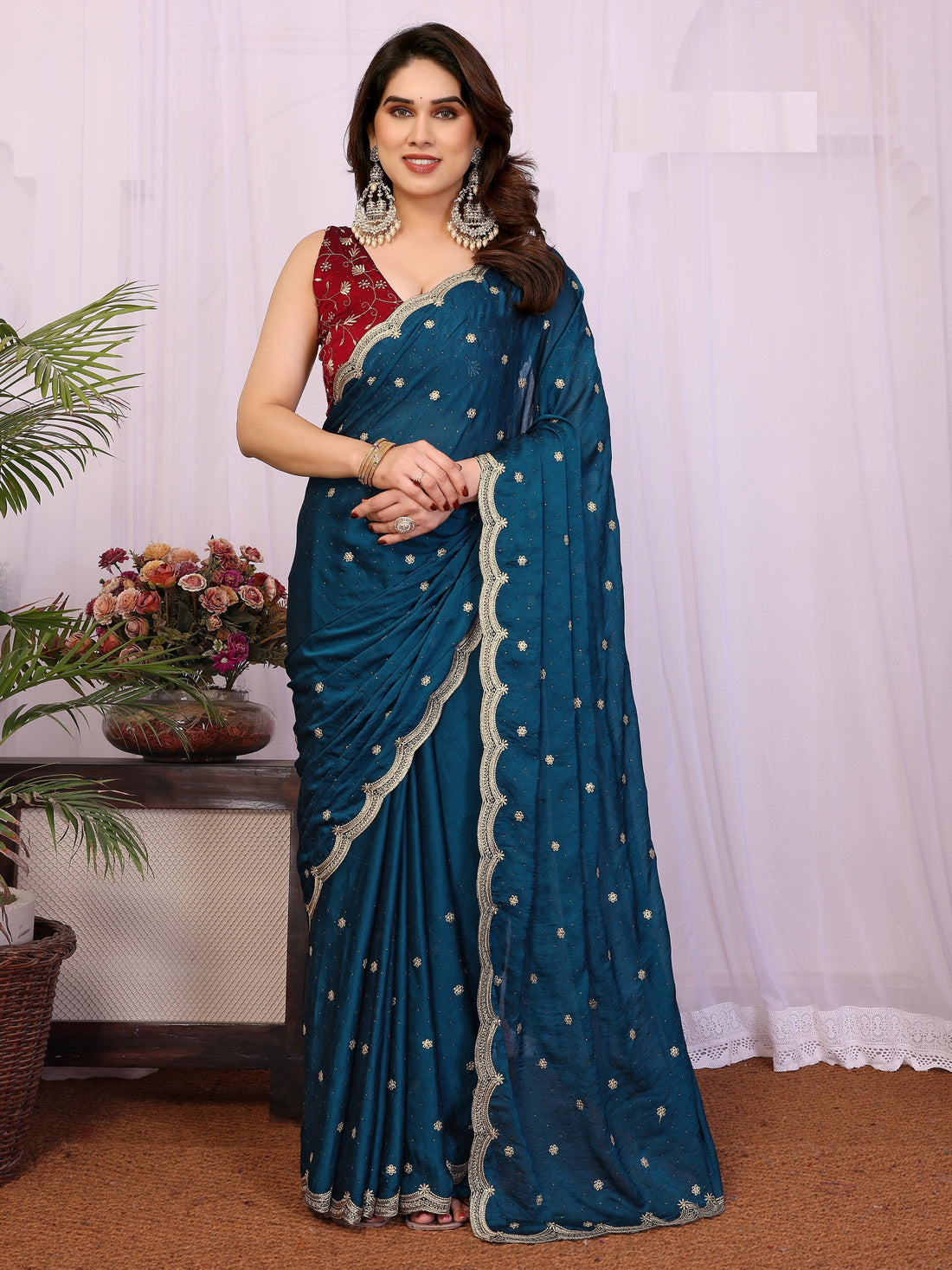Gorgeous Teal Blue Embroidered Silk Reception Wear Saree With Blouse
