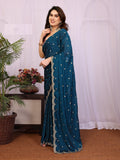 Gorgeous Teal Blue Embroidered Silk Reception Wear Saree With Blouse