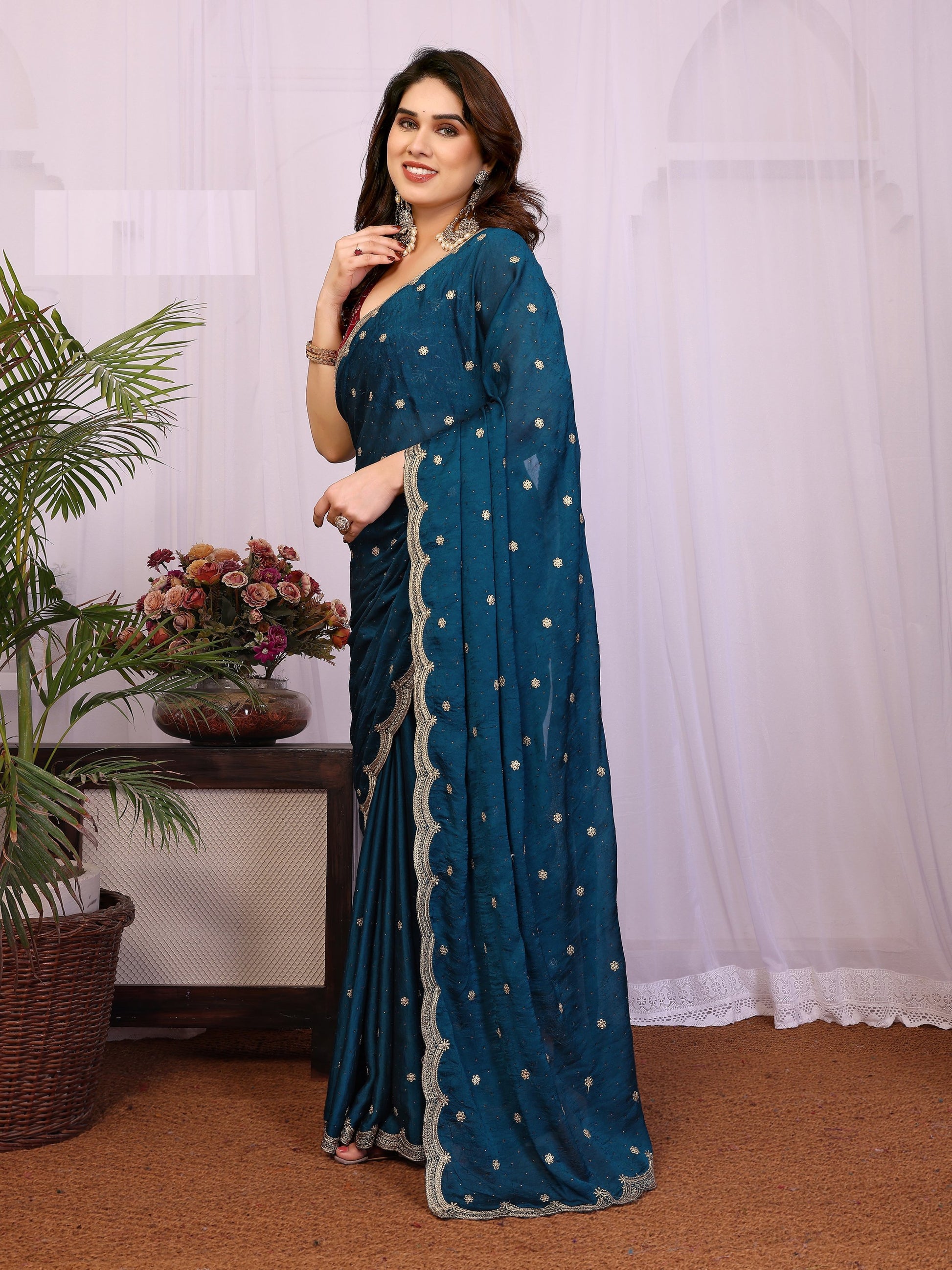 Gorgeous Teal Blue Embroidered Silk Reception Wear Saree With Blouse
