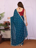 Gorgeous Teal Blue Embroidered Silk Reception Wear Saree With Blouse