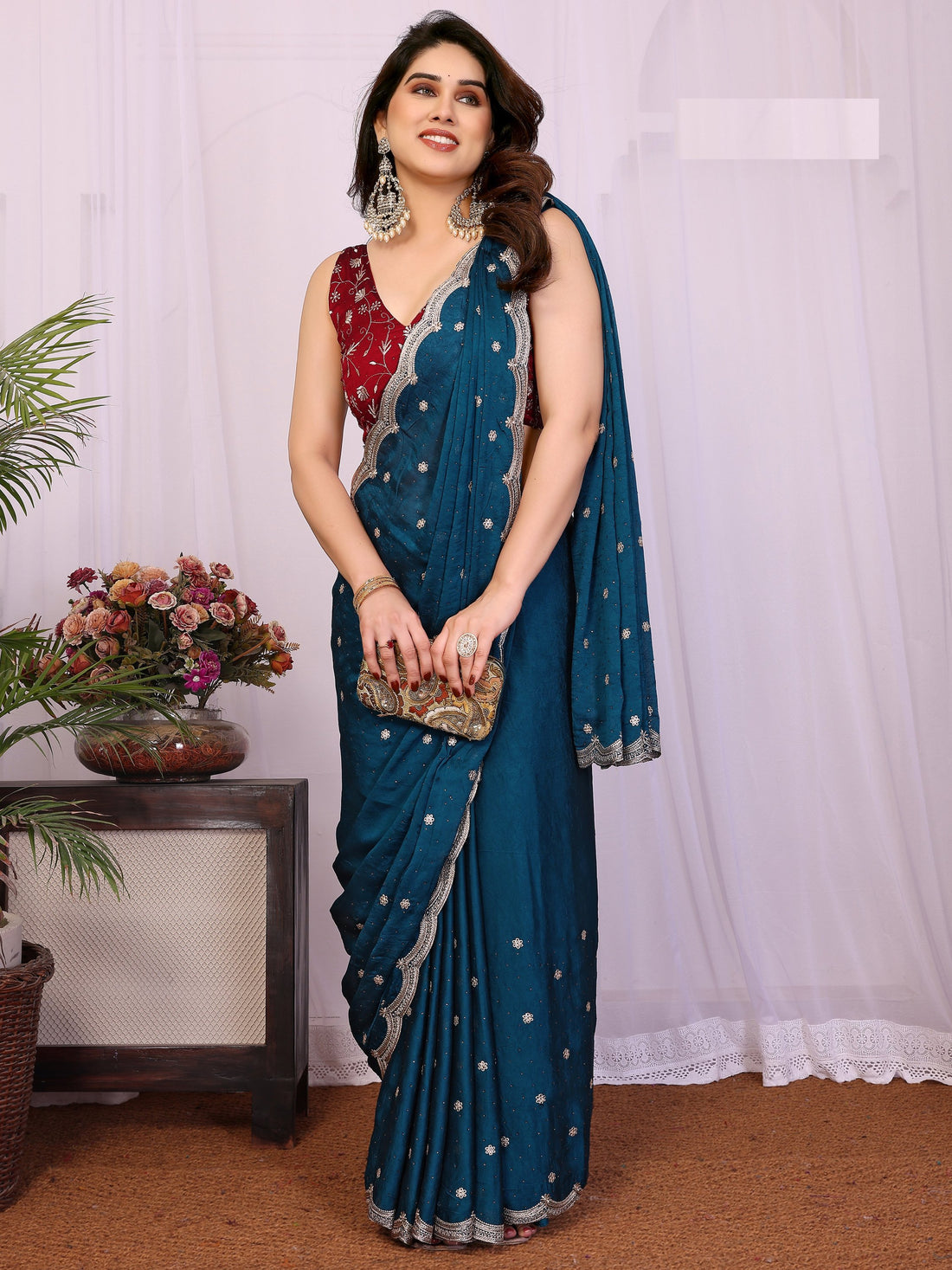 Gorgeous Teal Blue Embroidered Silk Reception Wear Saree With Blouse