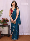 Gorgeous Teal Blue Embroidered Silk Reception Wear Saree With Blouse