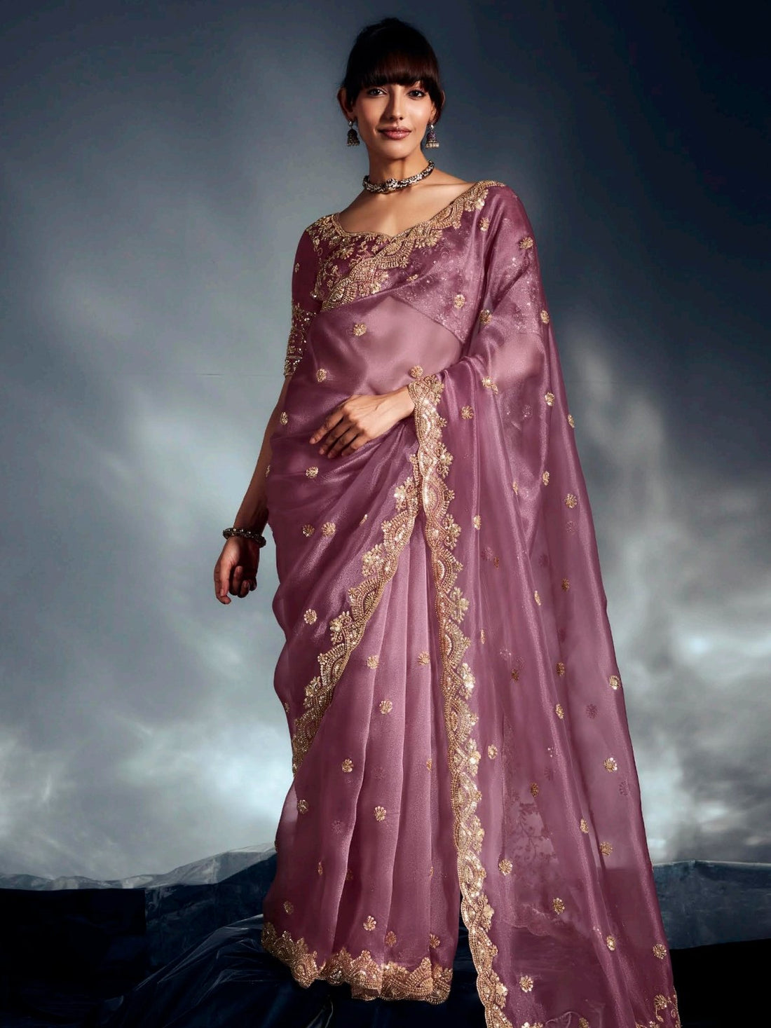 Captivating Lavender Khatli Work Organza Wedding Wear Saree With Blouse