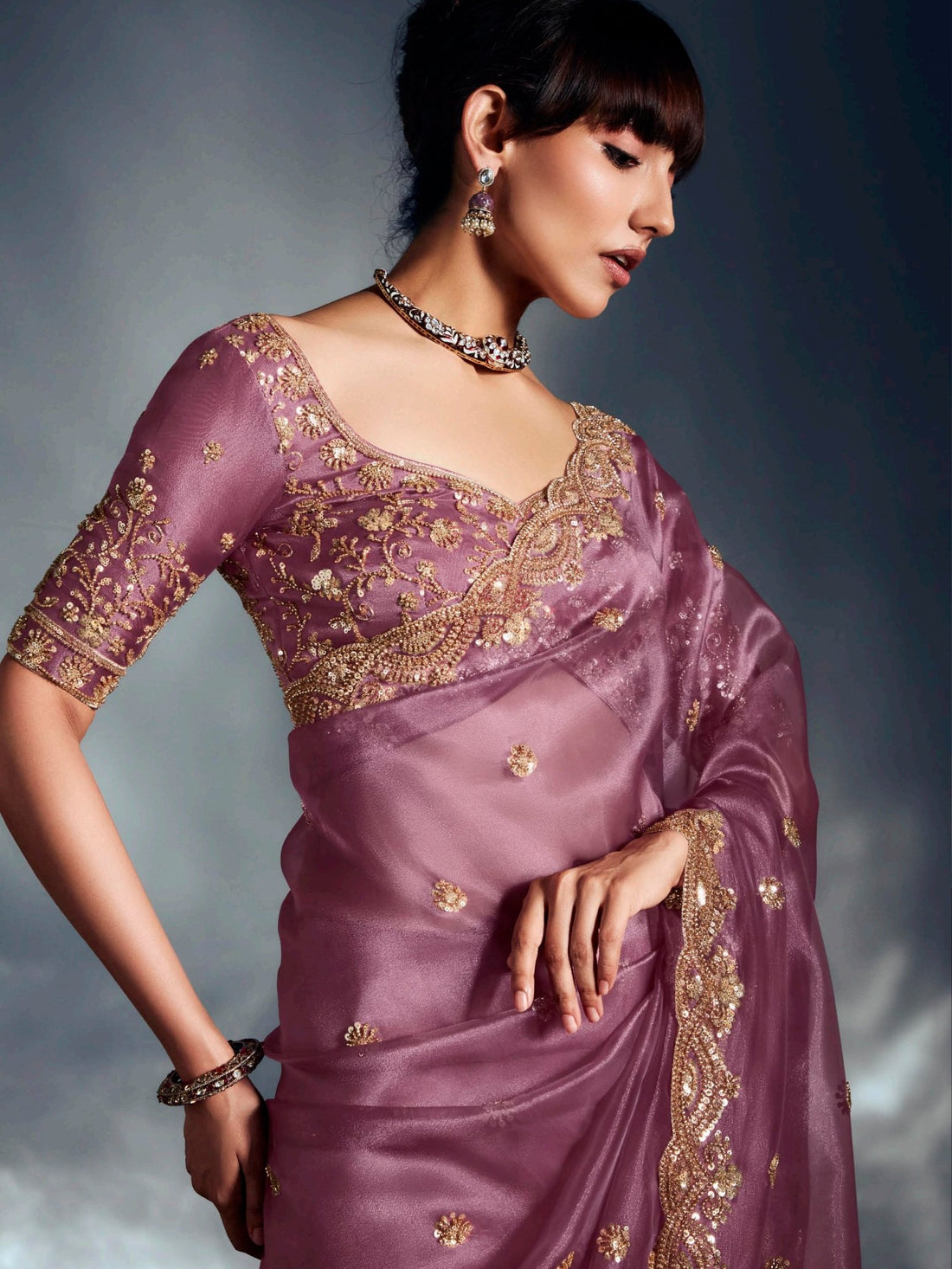 Captivating Lavender Khatli Work Organza Wedding Wear Saree With Blouse