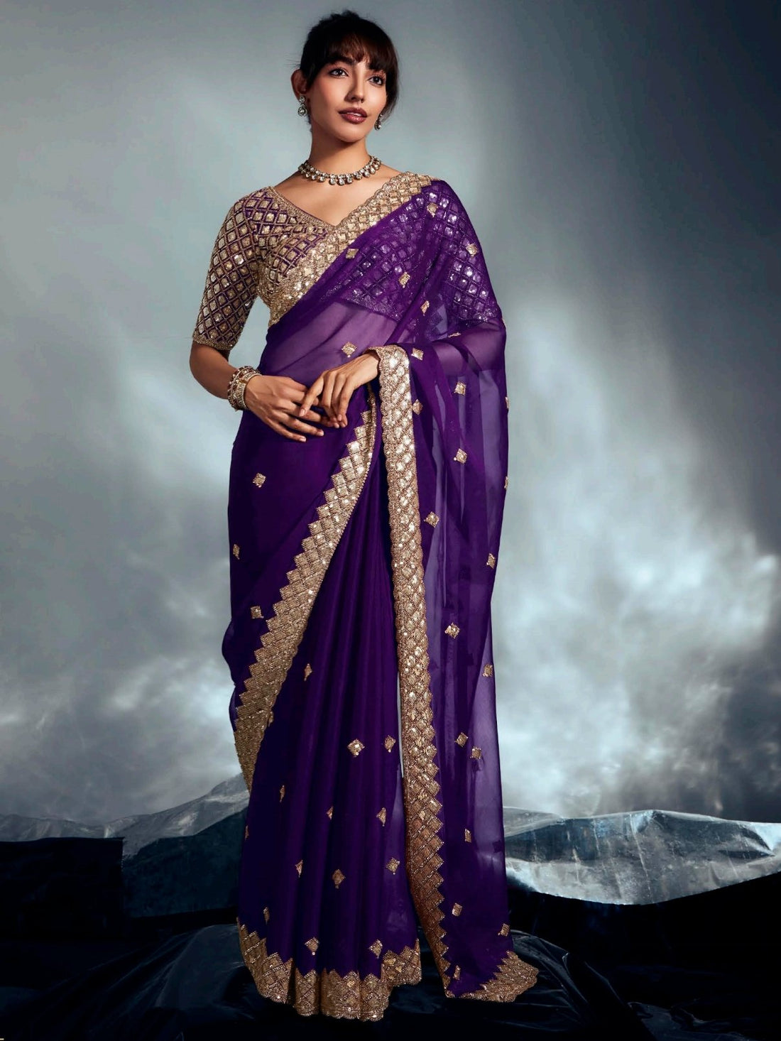 Beautiful Purple Heavy Embroidered Organza Designer Saree