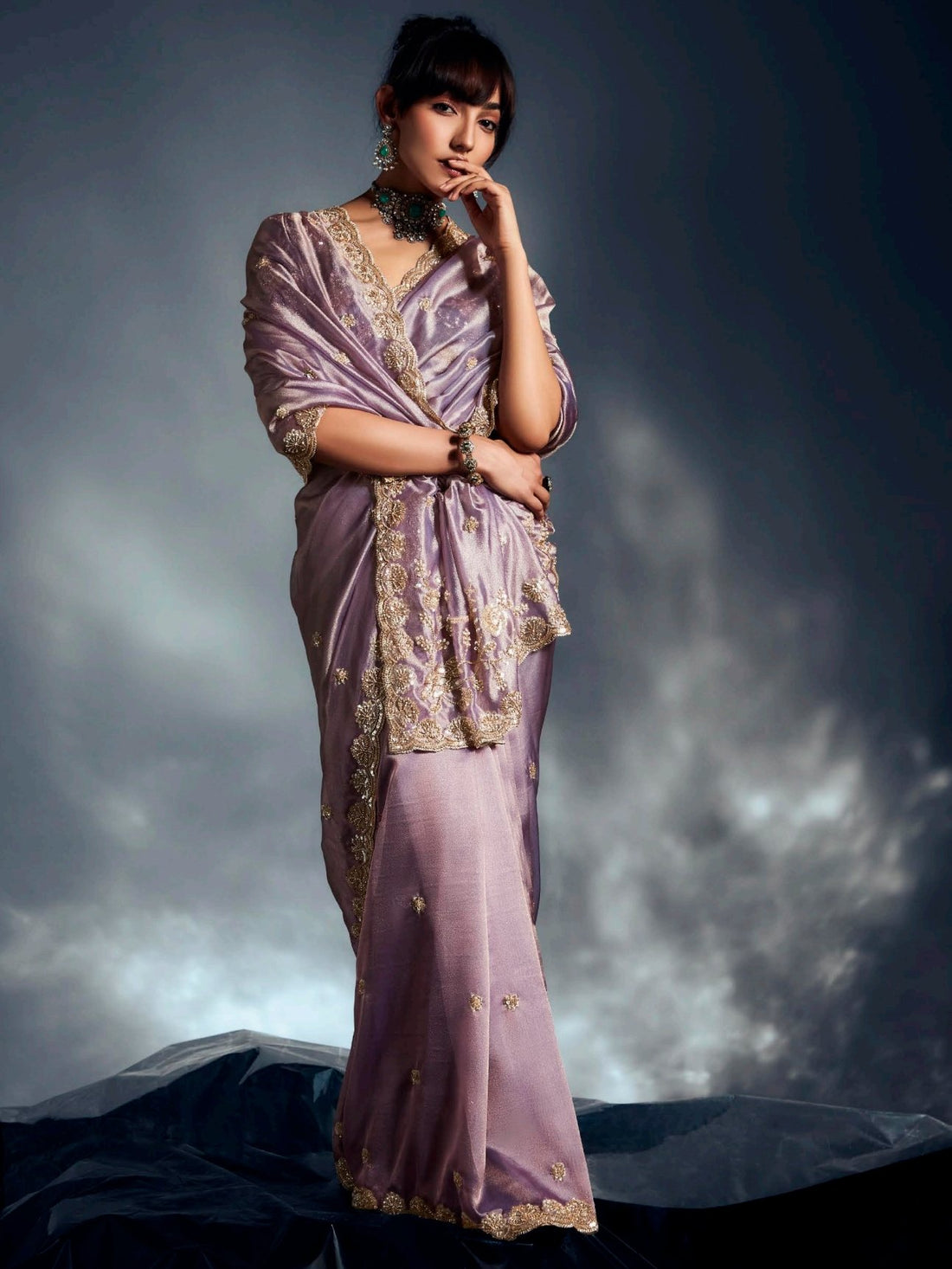 Dazzling Mauve Heavy Embroidered Organza Reception Wear Saree