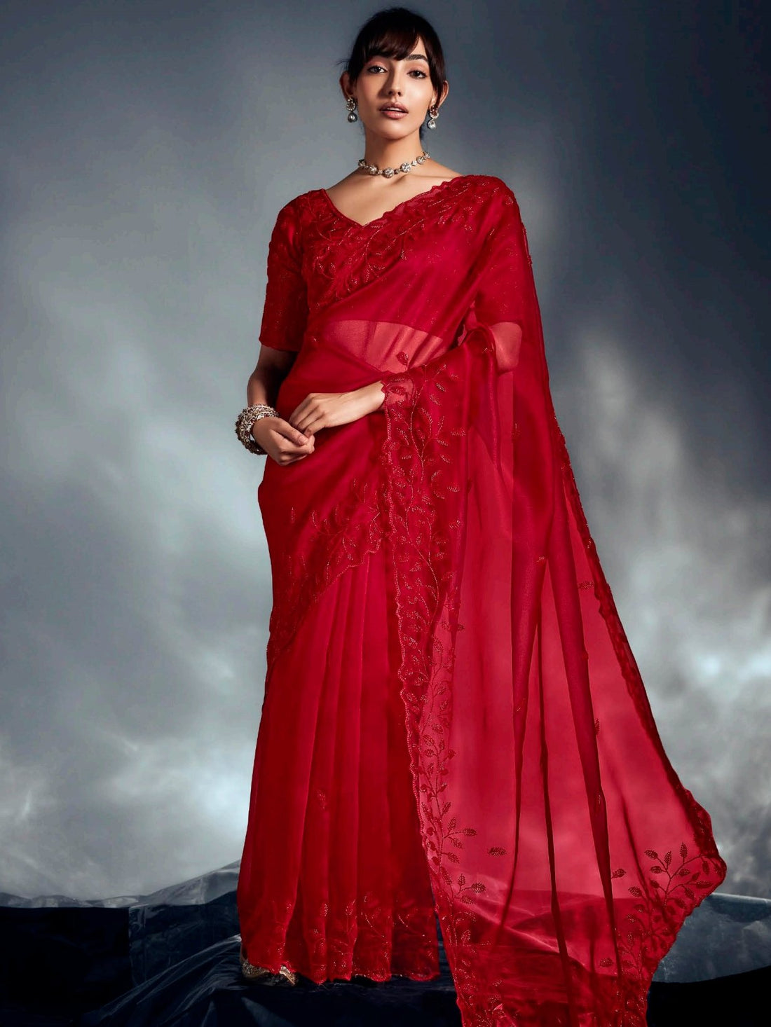 Monochrome Red Cutdana Work Organza Bridal Wear Saree With Blouse